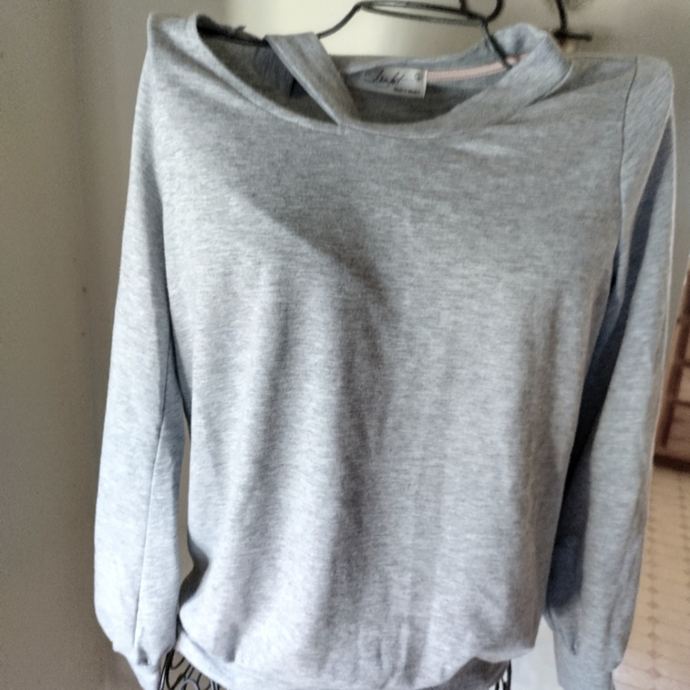 Woman's sweater. Grey. Very soft. One side shoulder strap detail.